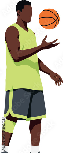 Basketball player spinning orange ball on finger in green sportswear vector illustration 