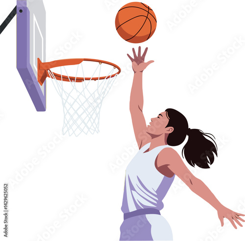 Female basketball player jumping for slam dunk vector illustration in sports action scene 