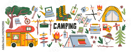 Camping and nature retreat compositions in retro cartoon style. Tents, campfire, backpacks, sleeping bags, hiking boots, nature elements - fun outdoor adventure scenes in trendy retro sticker style