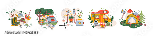 Camping and nature retreat compositions in retro cartoon style. Tents, campfire, backpacks, sleeping bags, hiking boots, nature elements - fun outdoor adventure scenes in trendy retro sticker style