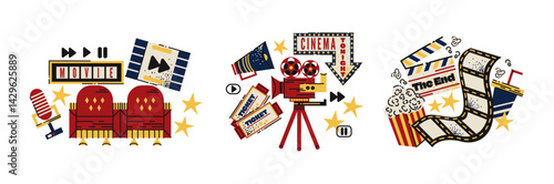 Cinema and movie-making compositions in retro cartoon style. Film reels, director’s chair, clapperboard, camera, popcorn, 3D glasses — nostalgic film production illustration in trendy retro style