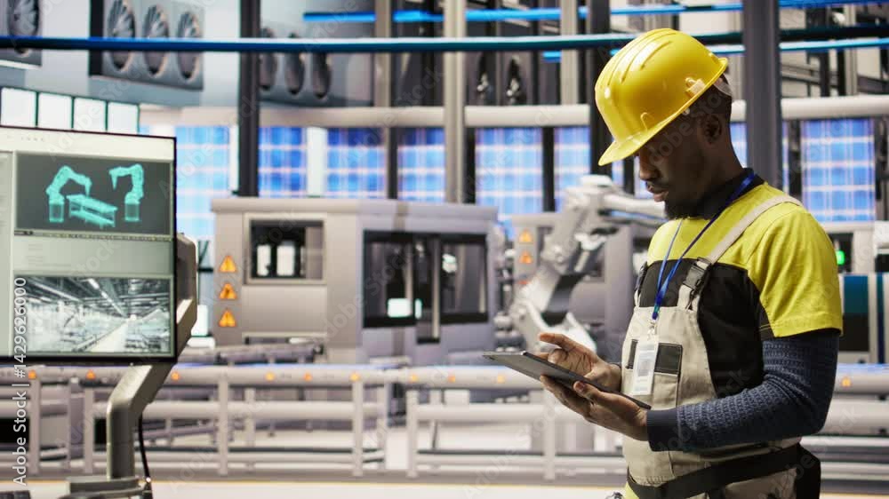 Smart factory mechanic using tablet to analyze IoT sensors data before modifying gear. African american man in industry 4.0 plant performing system diagnostics to reduce downtime, camera A Smart factory mechanic using tablet to analyze IoT sensors data before modifying gear. African american man in industry 4.0 plant performing system diagnostics to reduce downtime, camera A