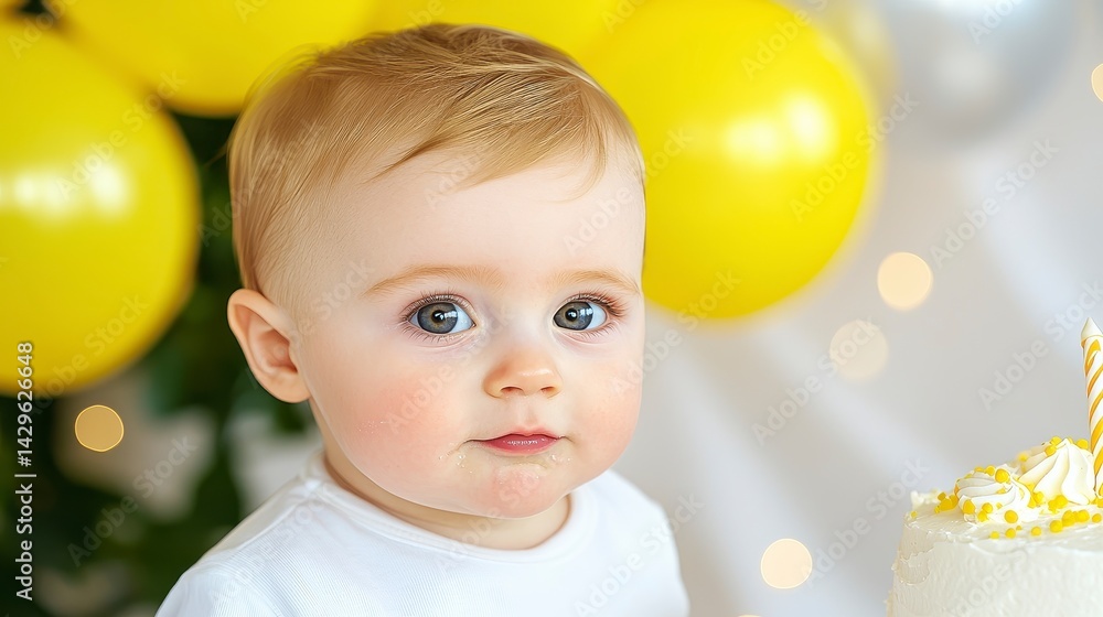 Adorable Baby with Cake on Face at First Birthday Party Adorable Baby with Cake on Face at First Birthday Party