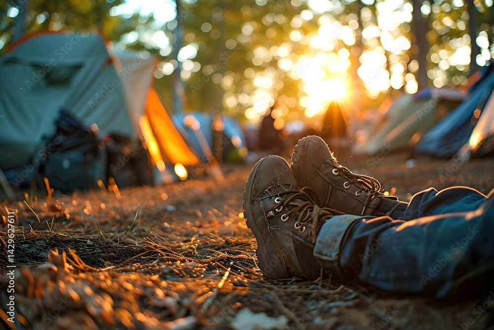 Sunset camping experience with close-up of hiking boots in a forest setting Sunset camping experience with close-up of hiking boots in a forest setting