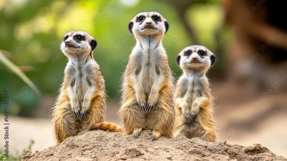 Three meerkats standing alert on a mound of sand, looking directly at the camera. Three meerkats standing alert on a mound of sand, looking directly at the camera.
