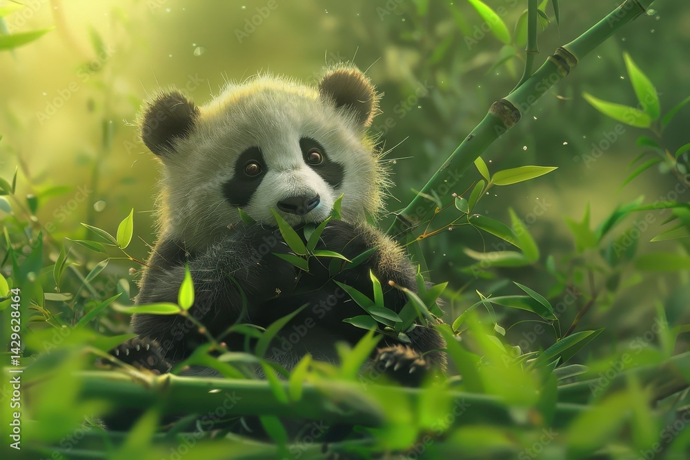 Fototapeta premium Cute panda cub enjoying bamboo in a lush green forest during a sunny afternoon in a natural habitat, showcasing its playful nature and gentle demeanor