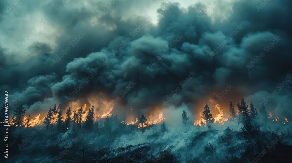 Fototapeta premium A closeup of smoke rising from wildfires in the distance, Natural Disaster, Worrying and dramatic