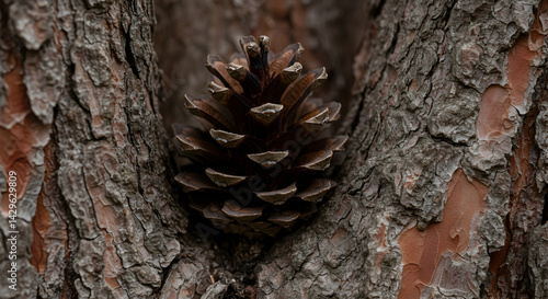 Pinecone Nestled In The Bark Of A Rugged Tree With Amazing Details