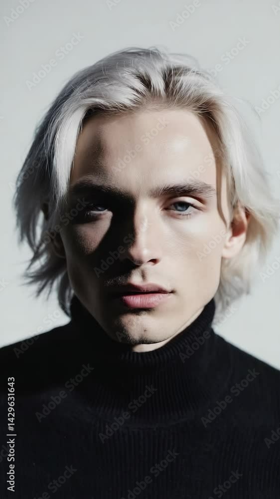 Elegant male model with pale skin and ash blonde flowing hair poses on a plain white background wearing a black turtleneck sweater Elegant male model with pale skin and ash blonde flowing hair poses on a plain white background wearing a black turtleneck sweater