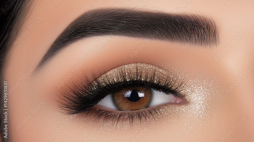 Close-up of one female eye with shimmery gold eyeshadow and long voluminous lashes Close-up of one female eye with shimmery gold eyeshadow and long voluminous lashes