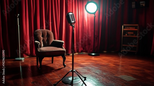 Dimly lit stage setting with microphone and antique chair. photo