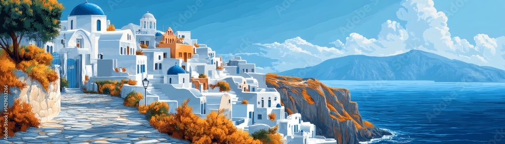 Fototapeta premium Scenic coastal town with white buildings and blue domes, set against the sea. The warm tones of the buildings complement the sky and water