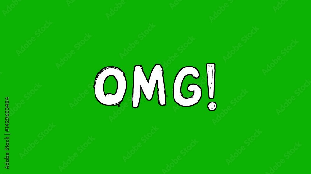 Animated white word “Omg!” in a sloppy font isolated on a green screen on a chroma key background, keying Animated white word “Omg!” in a sloppy font isolated on a green screen on a chroma key background, keying