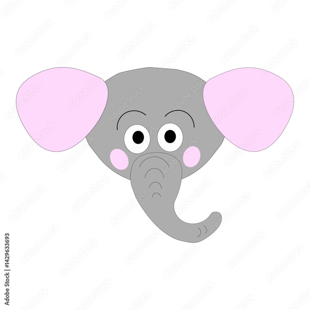 Fototapeta premium Elephant head icon. Pink ear detail. Gray cartoon face. Vector animal drawing.