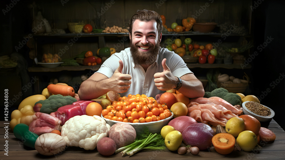 Fresh produce display with a smiling man at a dimly lit table showcasing healthy vegetables Fresh produce display with a smiling man at a dimly lit table showcasing healthy vegetables