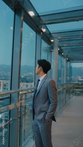 Wallpaper Mural An Asian professional man in a suit gazes out of a modern glass building toward the city lights at dusk, contemplating the view Torontodigital.ca