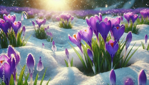 Purple crocuses emerging through snow, early spring floral background