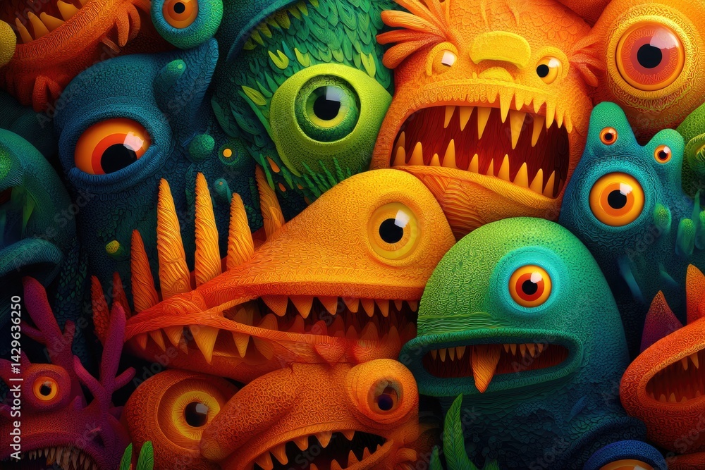 Close-up view of a multitude of colorful, monstrous creatures.