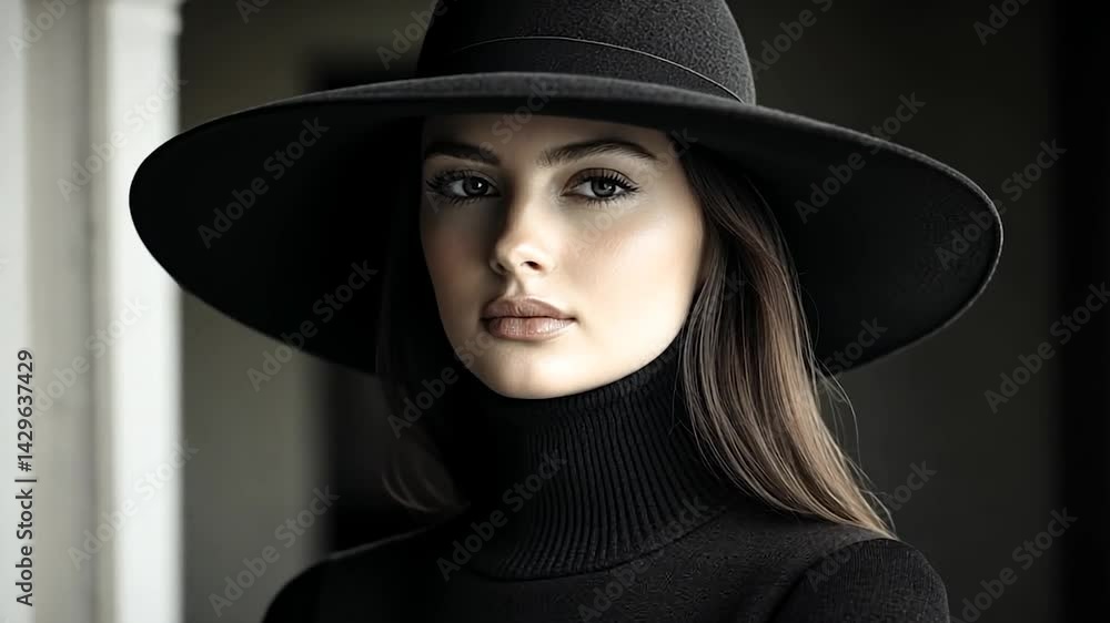 Young Woman in Black Hat and Turtleneck in a Studio Portrait with Soft Lighting Young Woman in Black Hat and Turtleneck in a Studio Portrait with Soft Lighting