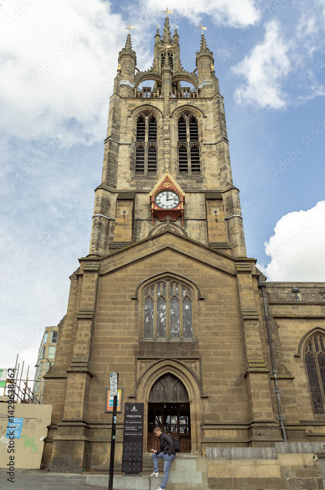 Architecture exterior of Newcastle Cathedral (Cathedral Church of St.Nicholas). Roman Catholic Cathedral in Newcastle upon Tyne, use it as your Wallpaper, Poster and Copy space, Selective focus.