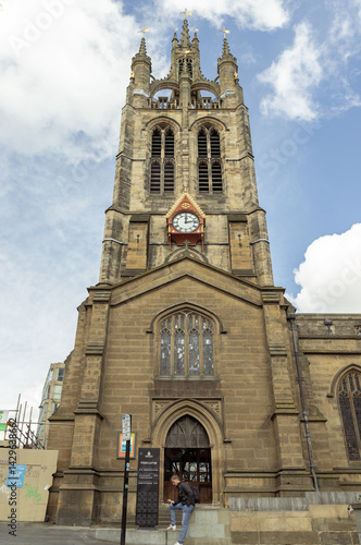 Obraz na płótnie Architecture exterior of Newcastle Cathedral (Cathedral Church of St.Nicholas). Roman Catholic Cathedral in Newcastle upon Tyne, use it as your Wallpaper, Poster and Copy space, Selective focus. w salonie
