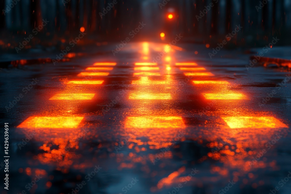 Fototapeta premium Glowing Road Markings in Rainy Night Atmosphere