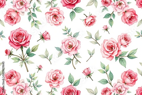 Delicate watercolor roses & leaves, repeating pattern, art, print, soft