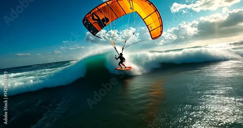 A kitesurfer skillfully rides a vibrant orange kite over crashing ocean waves at sunset