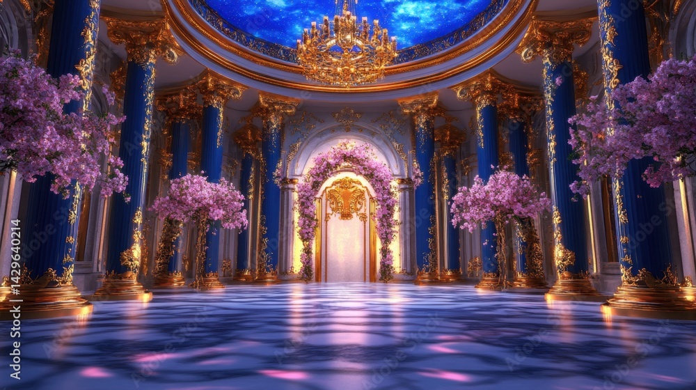 Obraz premium Opulent Ballroom: Blue & Gold with Floral Decor