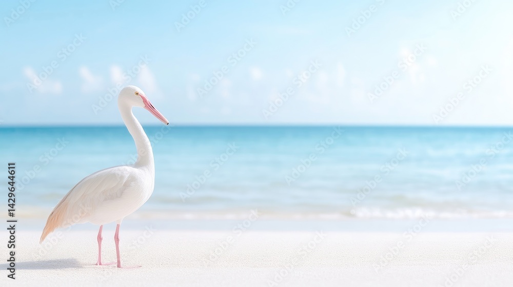 Fototapeta premium A beautiful white bird stands on a pristine beach, overlooking a tranquil ocean