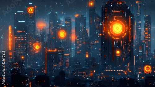Fototapeta Naklejka Na Ścianę i Meble -  A digital painting of a futuristic city at night, illuminated with vibrant neon lights. Digital Neon Cityscape: A Futuristic Metropolis at Night