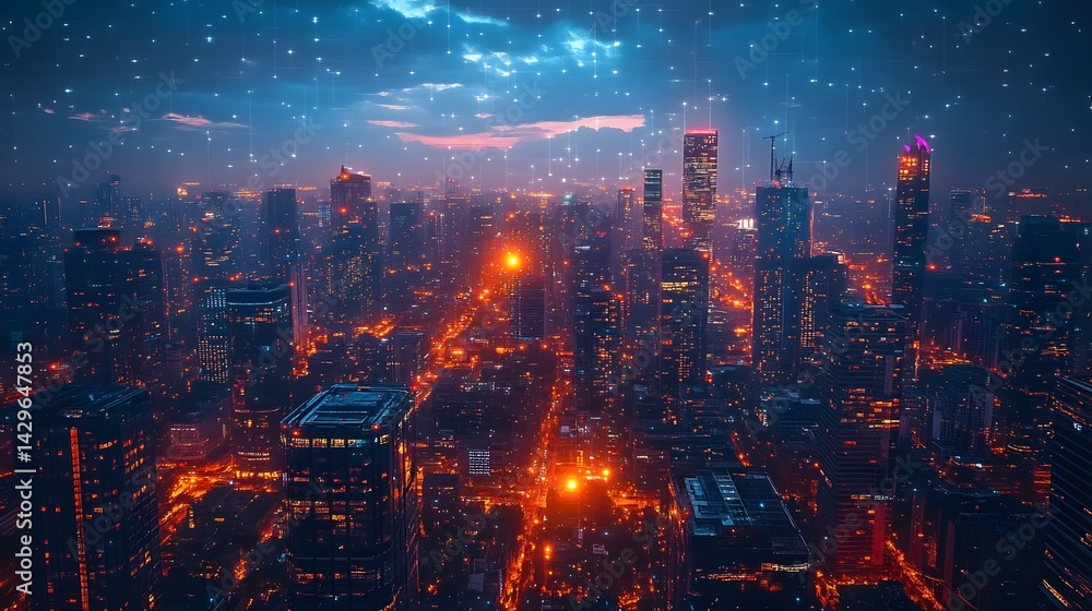 Fototapeta premium An amazing aerial shot of a vibrant city at night, showcasing the beauty of illuminated skyscrapers and urban lights. Night Cityscape A Stunning Aerial View of Illuminated Skyscrapers and Urban Lights
