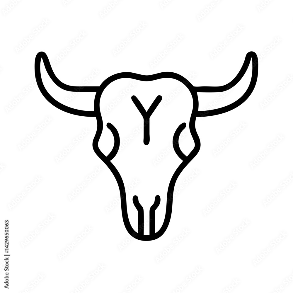 Obraz premium Stylized bull skull icon with branded marking in black outline, minimalist western symbol perfect for wild west themes, cowboy culture or ranch design