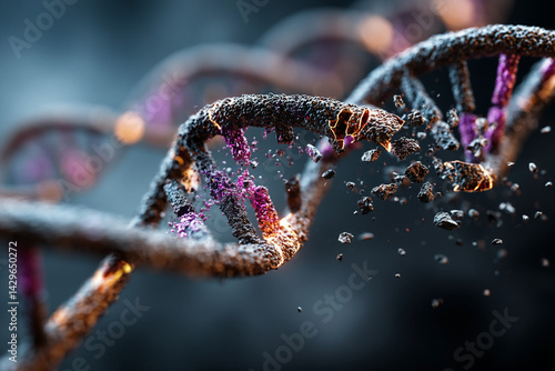 A detailed illustration shows a DNA double helix with broken parts and falling fragments, on a dark background.