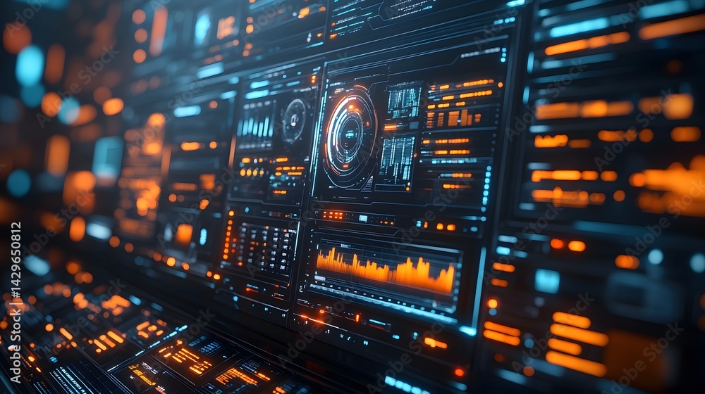 Naklejka premium An image depicting a futuristic technological interface, showcasing vibrant displays of data and information. Digital hackers dashboard. Futuristic Technology Interface display tracking
