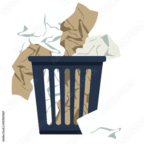 garbage bin crumpled papers office isolated vector illustration on white background