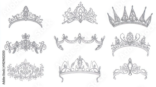 Nine elegant tiara designs; jewelry sketches; white background; design inspiration