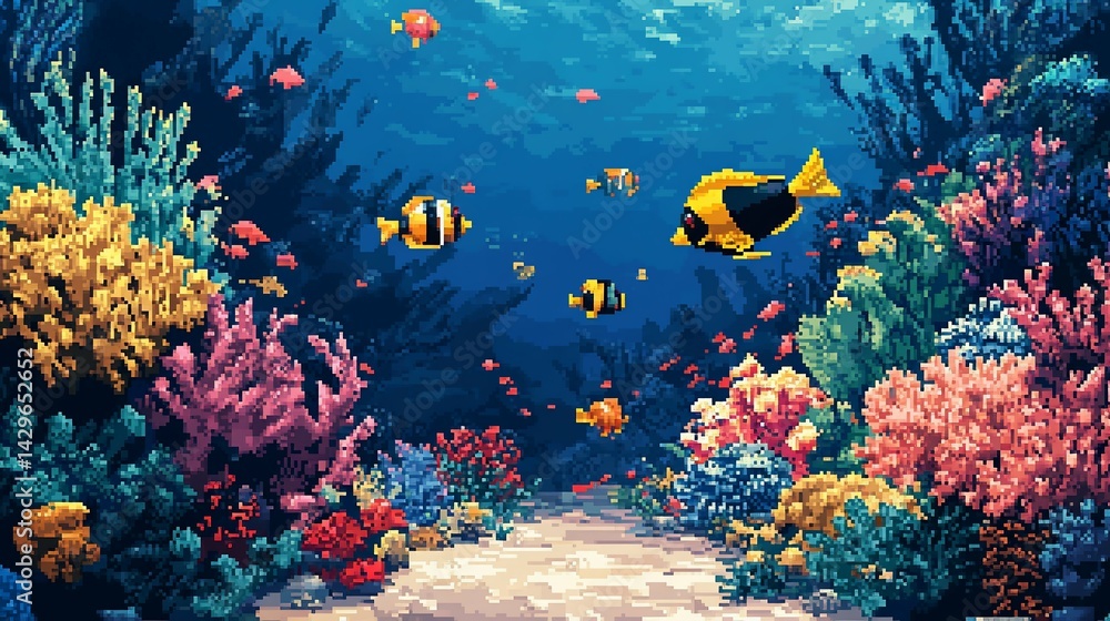 Naklejka premium Vibrant Pixel Coral Reef Ecosystem perfect for corporate annual report designs