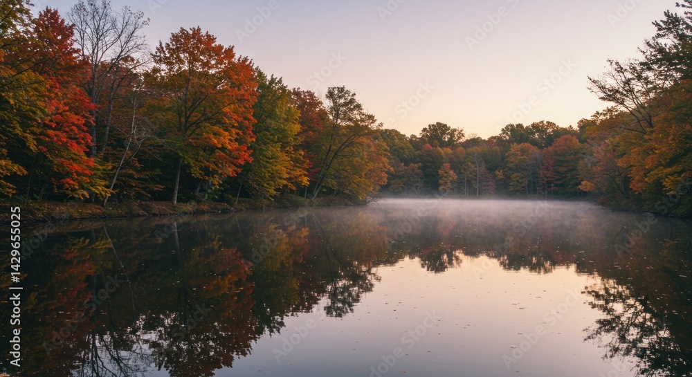 Fototapeta premium Autumn Trees Reflecting on Still Lake - Photos
