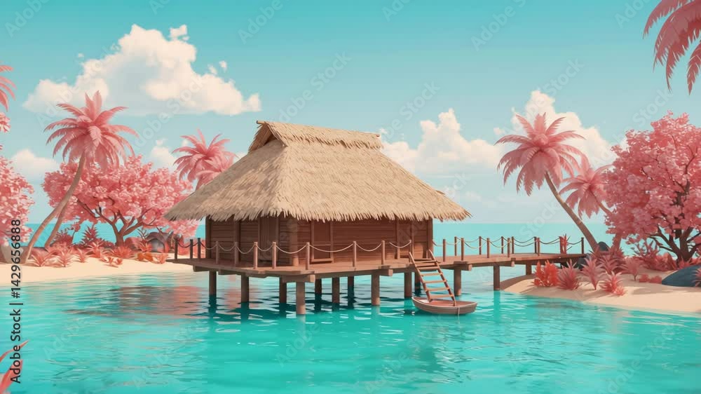 Tropical Beach House on Stilts with Pink Trees and Turquoise Sea Tropical Beach House on Stilts with Pink Trees and Turquoise Sea