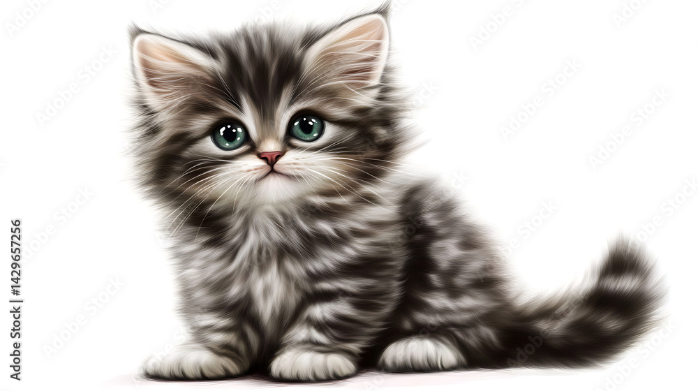 Fototapeta premium A kitten with blue eyes is sitting on a white background