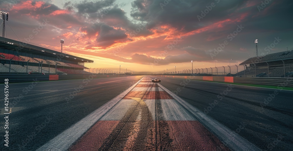 Obraz premium A race track with the visible finish line, with a car approaching in the distance. The camera is positioned on one side of the road and captures both sides