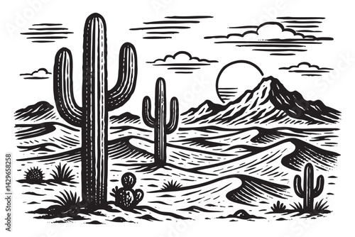 desert scene with cacti, dunes, and distant mountains woodcut engraving vector illustration