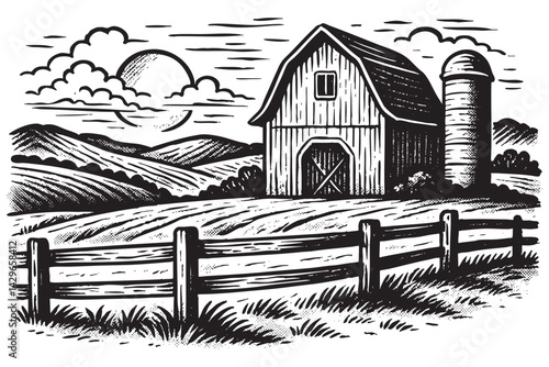 Classic countryside farm with barn, fence, and rolling hills woodcut engraving vector illustration