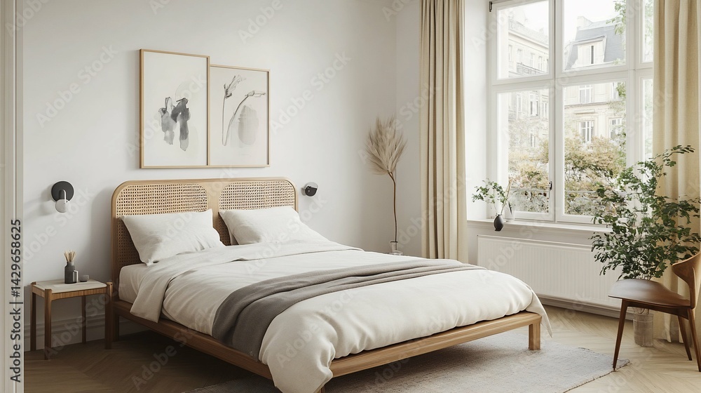 Fototapeta premium Minimalist Bedroom Interior With Rattan Bedframe ideal for company blog post visuals