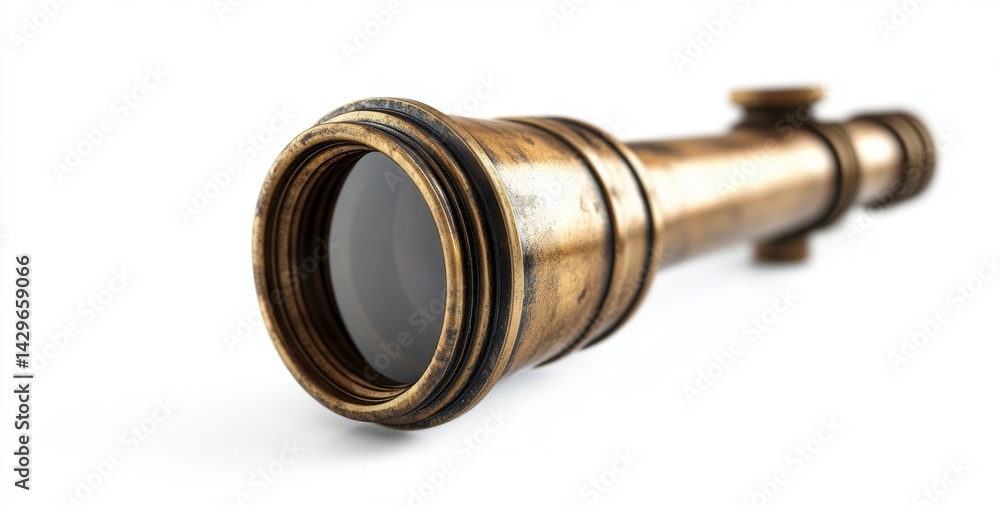 Antique brass telescope, close-up view. Detailed and aged optics. A vintage instrument, exhibiting craftsmanship and precision Antique brass telescope, close-up view. Detailed and aged optics. A vintage instrument, exhibiting craftsmanship and precision