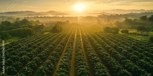 Aerial vista of verdant coffee plants under the warm glow of early morning sun
