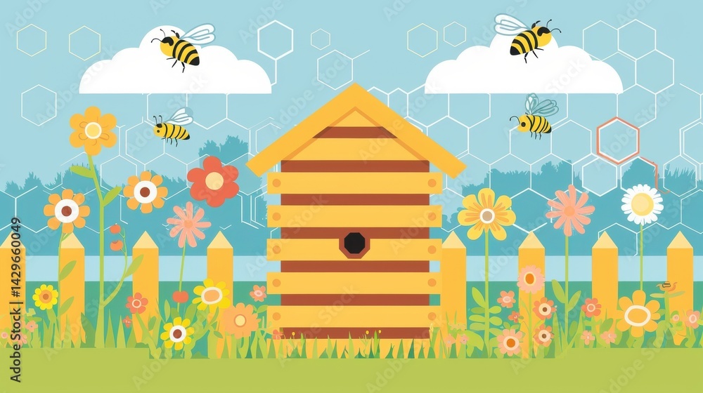 A flat beehive farm with organized hexagonal patterns, simplified flowers and bees flying around, in a clean stylized layout. A flat beehive farm with organized hexagonal patterns, simplified flowers and bees flying around, in a clean stylized layout.