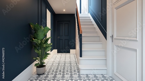 Modern hallway interior design, stairs, patterned floor, plant
