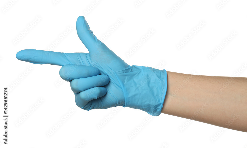 Doctor in medical glove pointing at something on white background, closeup Doctor in medical glove pointing at something on white background, closeup